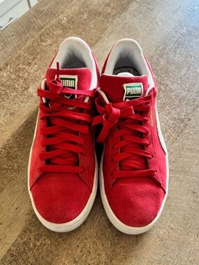 Puma Red Suede Low-Top Sneakers with White Sole